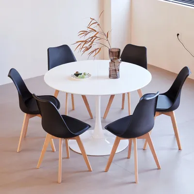 Zdjęcie produktu dla Zestaw do jadalni – okrągły stół o średnicy 110 cm + 6 krzeseł – drewno – nowoczesny, minimalistyczny styl – do kuchni/jadalni – czarny
