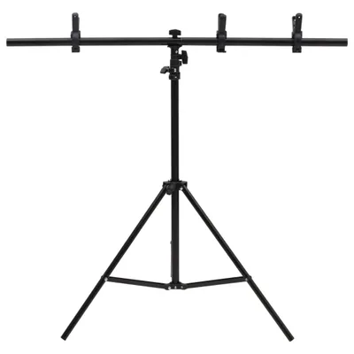 A black photography stand with a horizontal bar and clips.