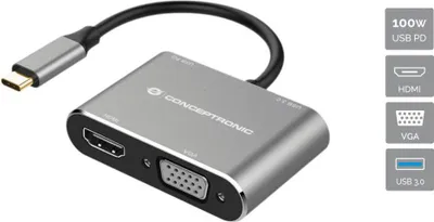 Produktbild von Conceptronic DONN16G 4-in-1 USB 3.2 Gen 1 Dockingstation, HDMI, VGA, USB-A 3.0, 100W USB PD