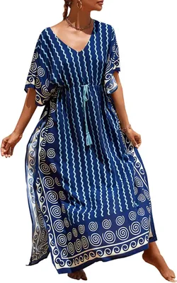 Productafbeelding van Lange bloemenjurk met V-hals in donkerblauw, kaftan-stijl voor strand, vakantie en loungewear
