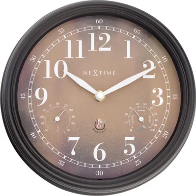 A wall clock with integrated thermometer and hygrometer.