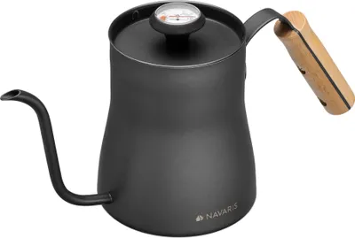 Produktbild von Navaris Wasserkocher Wasserkessel für Kaffee Zubereitung - 1l Schwanenhals Kessel inkl. Thermometer - mit langem Ausgießer und Holzgriff