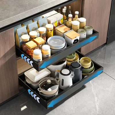 Zdjęcie produktu dla 1 szt. Teleskopowa szuflada Wysuwana szuflada do szafek kuchennych (z 4 ściereczkami do czyszczenia), samoprzylepna półka do szuflady, półki do przechowywania, półka na przyprawy.