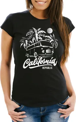 Produktbild von Damen T-Shirt California Surf Retro Bus Abenteuer Urlaub Palmen Slim Fit Slim Fit Neverless® schwarz XXL