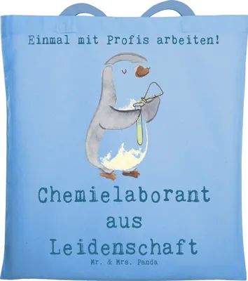 Produktbild von Mr. & Mrs. Panda Tote Bag Chemielaborant Leidenschaft - Sky Blue - Geschenk, Tasche, Spruch, Shopping, Beruf, Wissenschaftler, Uni, Schultasche, Labor, Jutebeutel