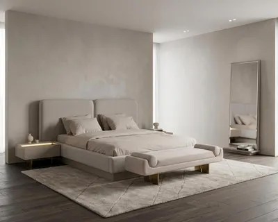 Immagine prodotto di Set per camera da letto: letto, comodini, specchio a figura intera, panca. Design moderno, colore beige, aspetto elegante