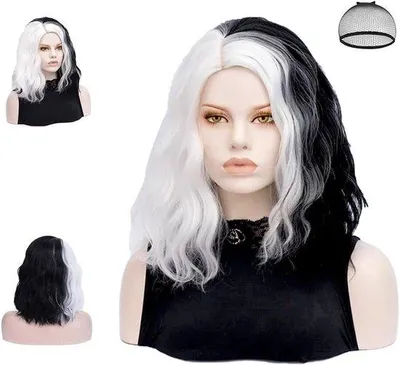 Produktbild von Schwarzes-weißes mittelkrummelndes Perückchen für Frauen - Cosplay, Halloween, Karneval und Partykostüm mit Haarnetz und Accessoires