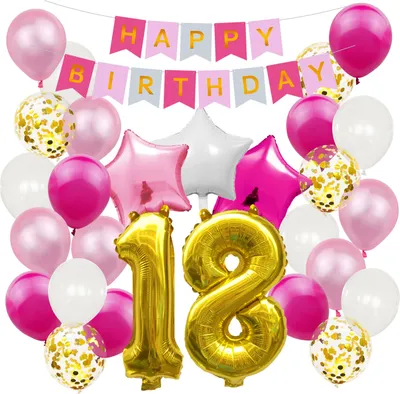 Produktbild von Oblique Unique 18. Geburtstag Party Deko Set - Happy Birthday Girlande + Zahl 18 Ballon + Konfetti Luftballons + Sterne