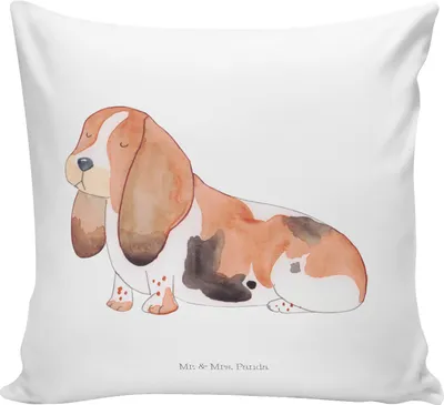 Produktbild von Mr. & Mrs. Panda kissen bedruckt Hund Basset Hound - Weiß - Geschenk, Sprüche, Süß, kuschelkissen 40x40, Polster, für sofa