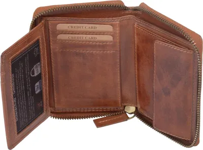 Produktbild von Braune Leder Geldbörse 12,5x10cm mit 8 Kreditkartenfächern, Reißverschlussfächern und Sichtfenster
