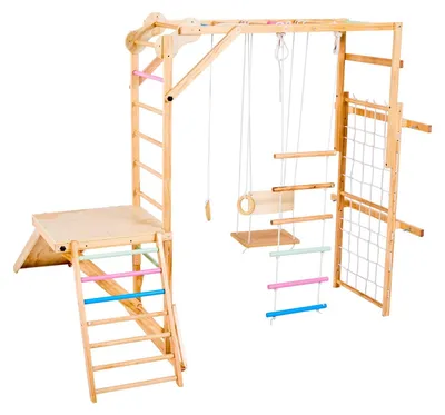 Obrázok produktu pre Interiérové ihrisko, drevená zostava pre detské ihrisko s viacerými možnosťami (8 v 1), nosnosť 100 kg. Montessori hračky na lezenie s hojdacím zariadením, šmykľavkou, prekážkovou dráhou, gymnastickými kruhmi, dreveným/lanovým rebríkom, lezeckou sieťou a tyčou