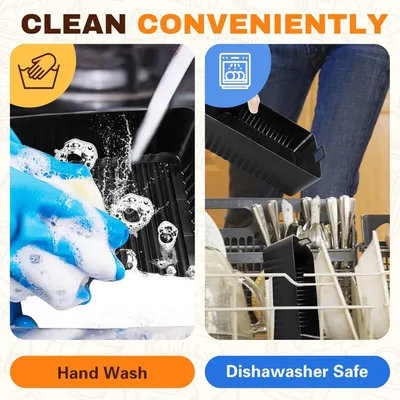 Collage showing hand washing and dishwasher safe features of a silicone air fryer insert.