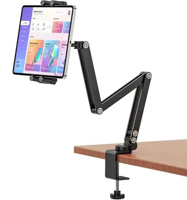 Obrázok produktu pre Ibenzoa® Nastaviteľný držiak na tablet s 360° otočnou hlavou – Hliníková konzola pre tablety a smartfóny s uhlopriečkou 4,7–13,5 palca, výsuvná od 32 do 72 cm, 3 kovové ramená (20 cm), upínacia základňa s priemerom 6,3 cm