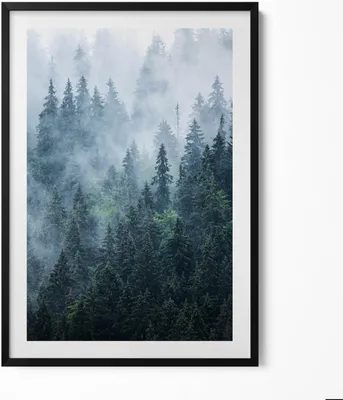 Produktbild von Neblige Berglandschaft– Wandbild mit Rahmen – Gerahmtes Bild  – Wanddekoration – 70x100 cm –  Schwarz Rahmen