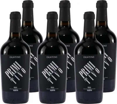 Six bottles of red wine are arranged in two rows.