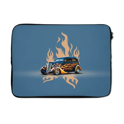 Produktbild von MuchoWow® Laptop Hülle 13 Zoll Auto - Oldtimer - Blau - Flammen Laptoptasche - Laptophülle - Sleeve - Rundumschutz