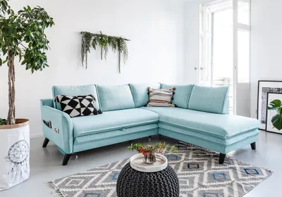 Produktbild von MIUFORM Charming Charlie - Ecksofa mit Bettfunktion und Bettkasten L-FORM RECHTS - 234x200cm - Aqua - Sofa Schlafsofa Couch