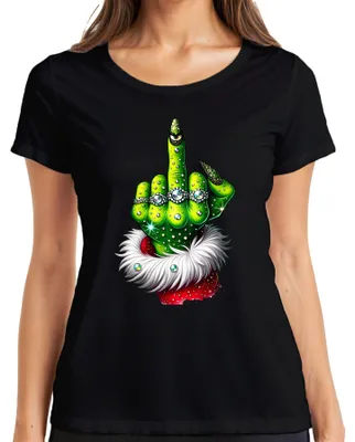 Produktbild von Grinch Mittelfinger Weihnachten frech Geschenk Glitzer Damen T-Shirt, Schwarz, M