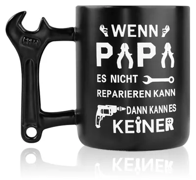 Image de Tasse à café avec poignée en forme de clé à molette, 400 ml, noire. Idée cadeau pour papa