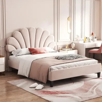 Image de Lit double Zubaliya - 140 x 200 cm - Beige - Velours - Tête de lit en forme de fleur