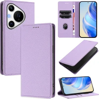 Produktbild von Litchi Leder Handyhülle für Huawei Pura 70 Pro/Pura 70 Pro+ Wallet Kartenfächer Standfunktion Hülle Violett