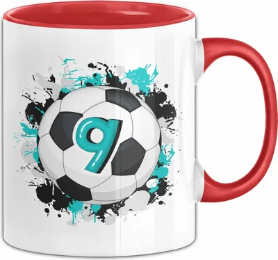 Produktbild von 9. Geburtstag Geschenk Tasse Becher Jungs Fußball Geburtstagsgeschenk  (Rot)