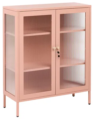 Zdjęcie produktu dla BELIANI Szafka dwudrzwiowa brzoskwiniowa stalowa 90 x 35 x 110 cm z półkami fronty i boki styl Mid-Century witryna szklane