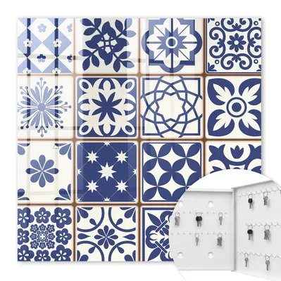 Produktbild von Metall Schlüsselkasten 30 x 30 cm - weißer Schlüsselschrank zur Wandmontage - wandhängende Schlüsselbox mit Tür - rechts öffnend - Schlüsselaufbewahrung für Flur - Büro - Arbeitszimmer - Werkstatt - Garage - Retro-Mosaik