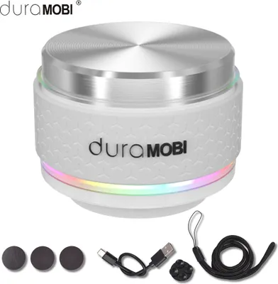 A white and silver duraMOBI bone conduction speaker with LED lights, shown with accessories.