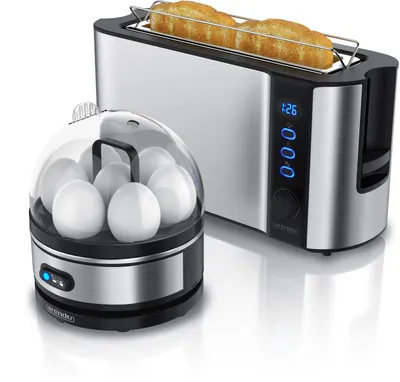 Image de Arendo Set petit-déjeuner 2 pièces, 1000W grille-pain à fente longue pour 2 tranches, cuiseur à oeufs SEVENCOOK, argent