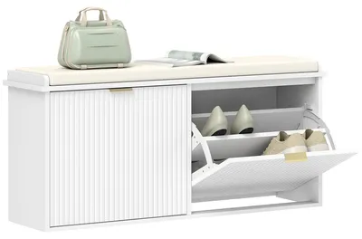 Produktbild von Schuhbank mit gepolstertem Sitzkissen und ausklappbarer Schublade fš¹r Flur oder Schlafzimmer, 104 x 26 x 47,5 cm, wei?
