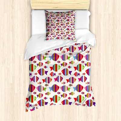 Produktbild von ABAKUHAUS Fisch Mantele, Vibrant Striped Fische, Milbensicher Allergiker geeignet mit Kissenbezügen, 135 cm x 200 cm - 80 x 80 cm, Mehrfarbig