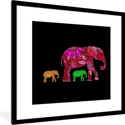 Produktbild von MuchoWow® MuchoWow® Gerahmtes Poster Elefant - Muster - Blumen - Pflanzen 40x40 cm - Poster mit zchwarzem Bilderrahmen - Poster - Plakat im Rahmen