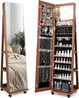 Imagen del producto de Espejo de cuerpo entero con armario para joyas, armario espejo 3 en 1 con 4 ruedas y 3 luces LED de colores, giratorio 360° y con cerradura, organizador de joyas con 3 estantes (marrón)