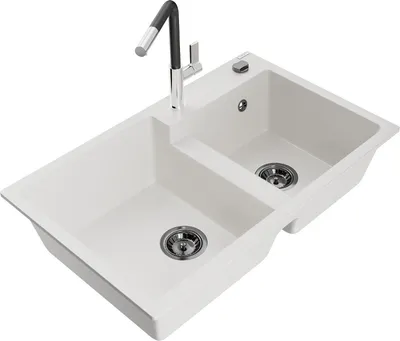 Produktbild von Mexen Tomas 2-Becken-Granitspüle mit Mischbatterie Flora, Weiß - 6516-20-670401-07-B