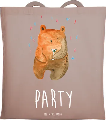 Produktbild von Mr. & Mrs. Panda Tote Bag Bär Party - Braun Pastell - Geschenk, Feiern, Tasche, Teddy, Geburtstagsgeschenk, Uni, totebag, Schultasche, Jutebeutel, Mitbringsel, Geburtstag