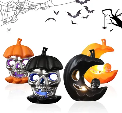 Produktbild von Halloween-Beleuchtung, 4-teiliges Set beleuchteter Halloween-Dekorationslichter, batteriebetriebene Halloween-LED-Totenkopf- und Kürbislichter, Halloween-Dekorationen, Skelett-Totenkopflichter, batteriebetriebene Kerzen
