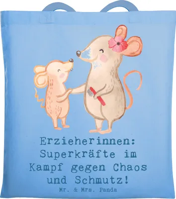 Produktbild von Mr. & Mrs. Panda Stoffbeutel Superheldin Erzieherin - Sky Blue - Geschenk, Tasche, Handgefertigt, Berufsleben, Schultasche, Beruf, Singen, Spiel, Wertschätzung, Beutel