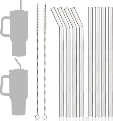 Obrázek produktu pro 8 kusů skleněných brček o délce 31 cm pro Stanley Cup – opakovaně použitelné brčka pro Stanley Adventure Quencher – průhledné – 4 rovné – 4 zakřivené