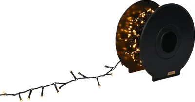 A spool of black LED string lights with soft gold lights.