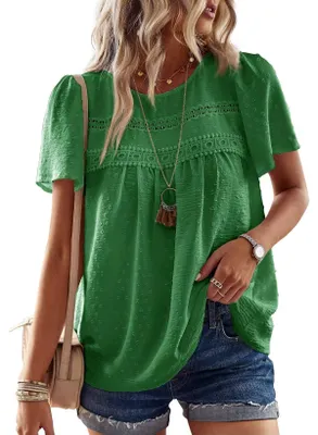 Imagen del producto de Blusa de mujer elegante, manga corta, cuello en V con encaje, corte fluido, mezcla de materiales elásticos, ideal para un look casual