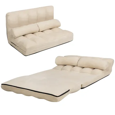 A beige sofa bed is shown in two configurations: folded as a sofa and unfolded as a bed.