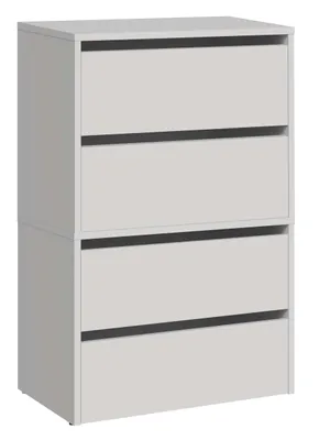 A white, four-drawer cabinet on a white background.