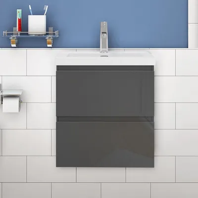 Produktbild von Waschtisch mit Unterschrank 50cm Alast Badmöbel Set Hochglanz Dunklegrau Rechteckiges Waschbecken mit Unterschrank MDF Softclose