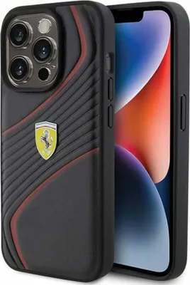 Produktbild von Ferrari, Hülle iPhone 15 Pro Leder mit Twist Logo aus Metall edel, Schwarz / Rot