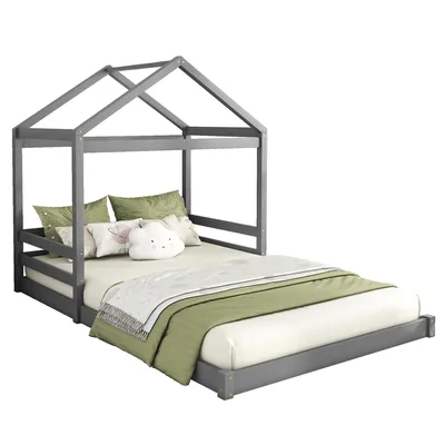 Produktbild von Hausbett mit Lattenrost, 140x200 cm, Holzbett aus Kiefer, Kinderbett, Doppelbett