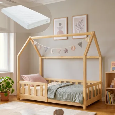 Produktbild von Hausbett ‘Hesel’ für Kinder mit Matratze und Rausfallschutz 70 x 140 cm Kiefernholz Natur