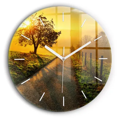 Produktbild von Wallfluent Große Wanduhr – Stilles Quarzuhrwerk - Uhr Dekoration Wohnzimmer Schlafzimmer Küche - Zifferblatt mit Striche - weiße Zeiger - 60 cm - Nebel bei Sonnenaufgang