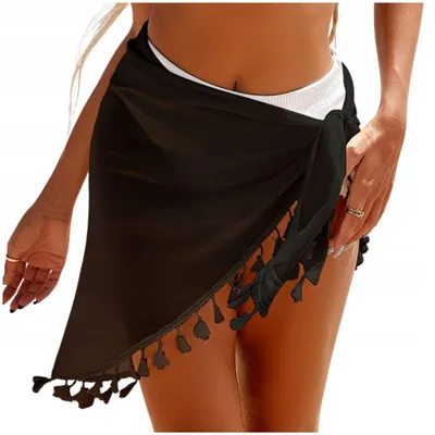 Obrázok produktu pre Pareo - Dámska plážová šatka s strapcami - 180x50cm - Čierna - Tunika prehodenie cez bikiny
