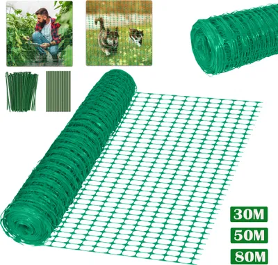 A collage of images showing a man working in a greenhouse, two cats playing in a yard, and a roll of green plastic netting with accessories.